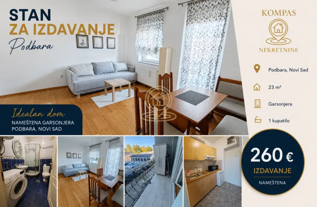 Izdavanje, jednosoban stan, 23m², Podbara, Novi Sad Sve Podlokacije