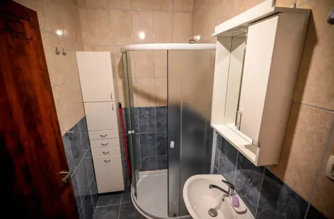Manje kupatilo sa tuš kabinom, umivaonikom i bijelim ormarićem. - image 6