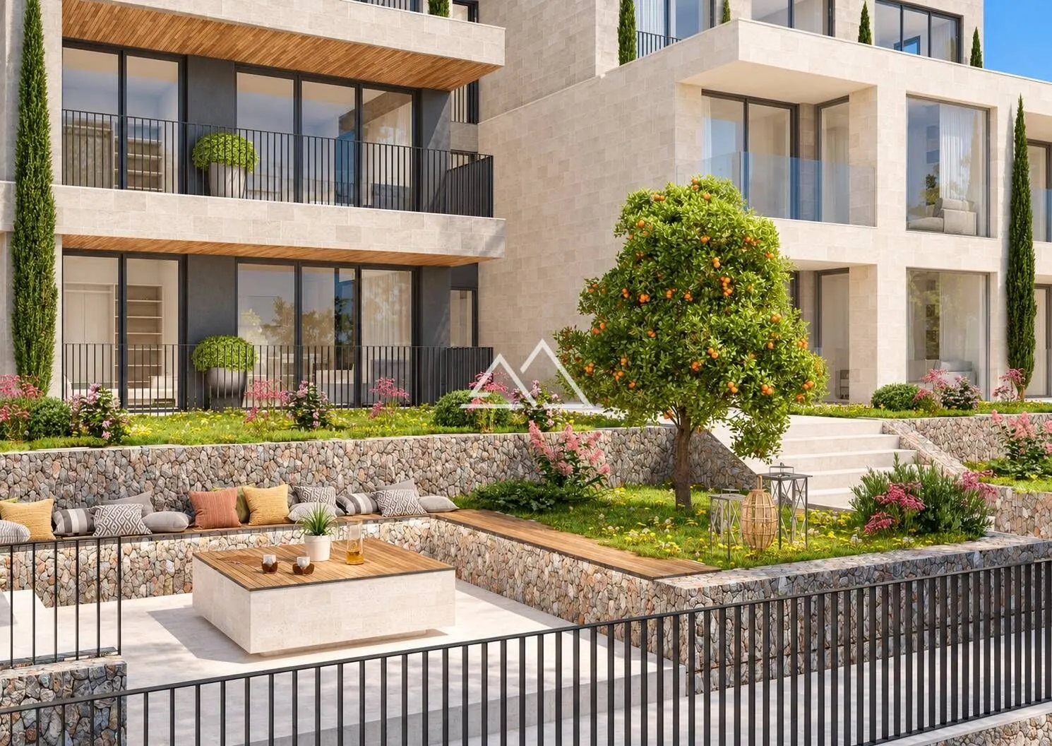 Building courtyard with landscaped greenery, seating area, and terraces.