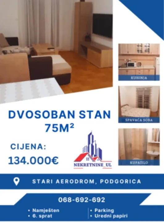 Prodaja, jednosoban stan, 75m², Stari Aerodrom, Podgorica