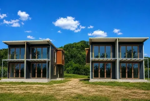 Pogled na spoljašnjost moderne montažne kuće sa velikim staklenim površinama. - image 2