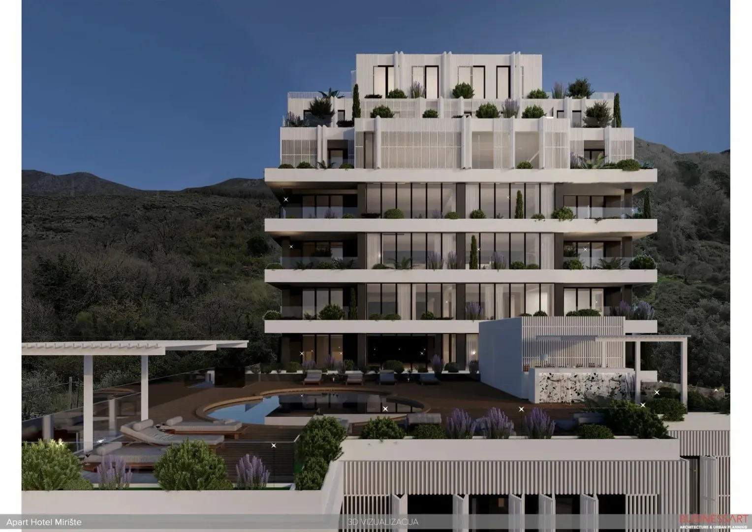 Spoljašnji izgled moderne stambene zgrade sa bazenom i terasom.