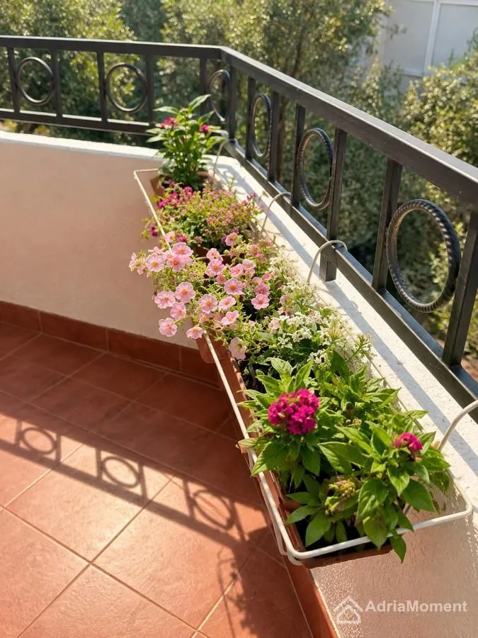 Balcony decorated with flowers in planters and a metal railing.