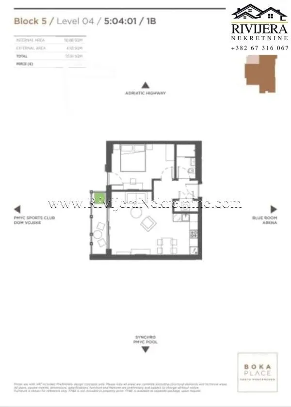 Prodaja, jednosoban stan, 55m², Centar, Tivat