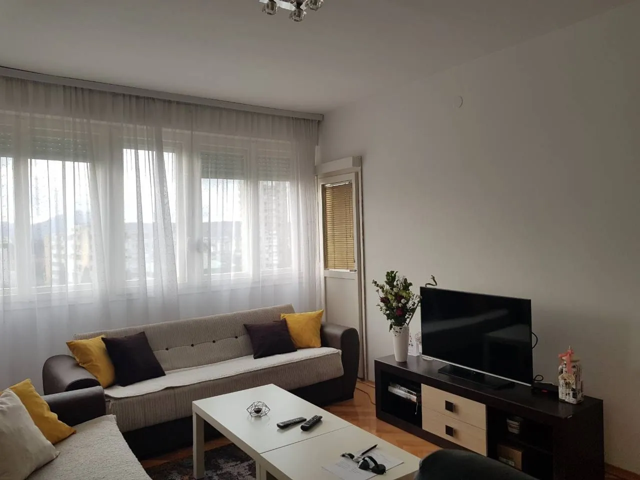 Bright living room with a sofa, coffee table, and TV.