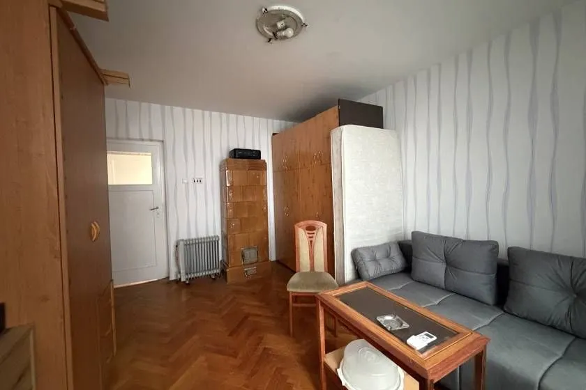 Dnevna soba sa sivom garniturom, drvenim nameštajem i peći na drva.