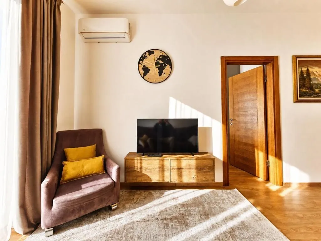 Living room with an armchair, TV and air conditioning.