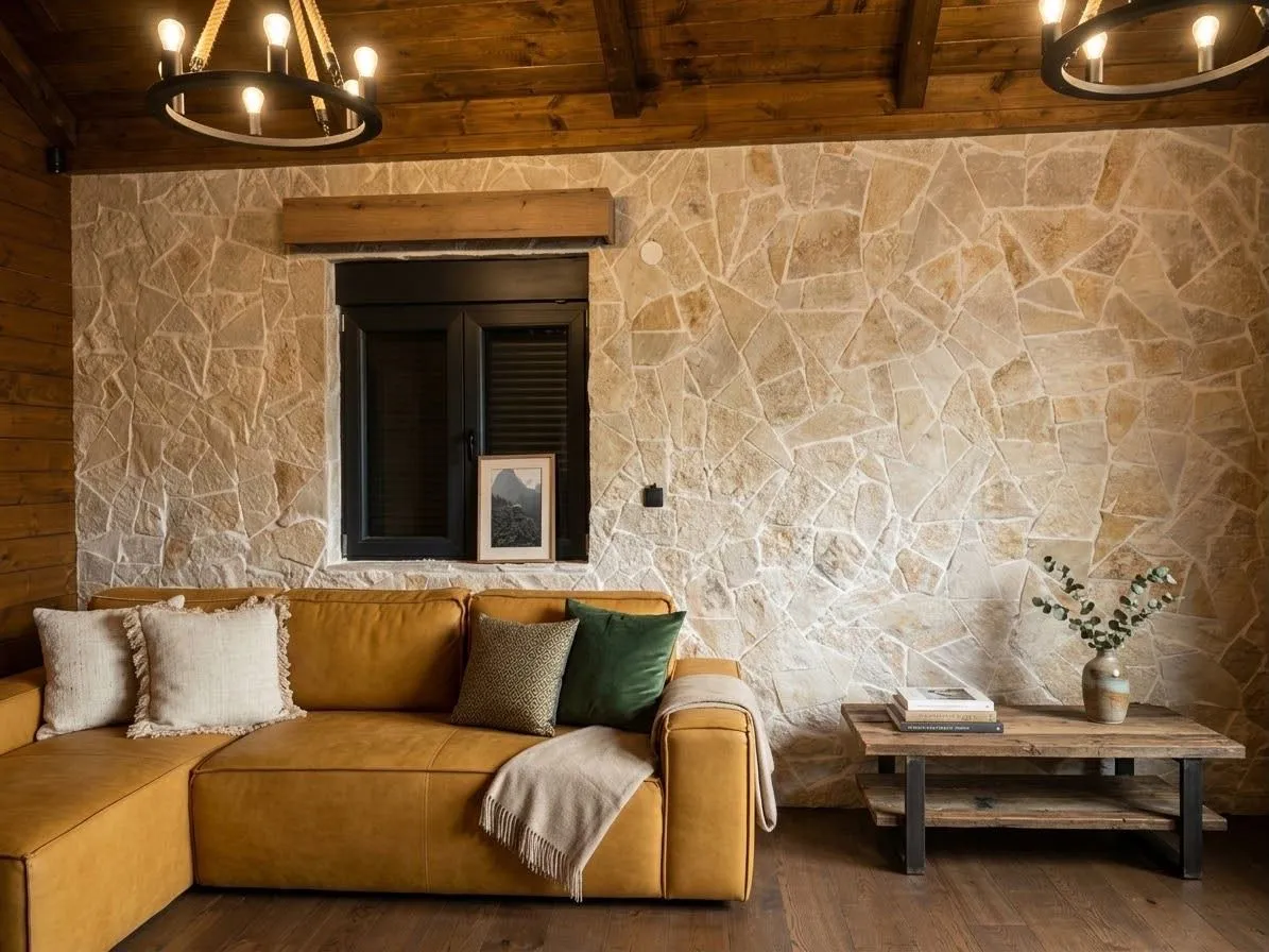 Living room with a leather sofa, stone accent wall, and wooden ceiling.
