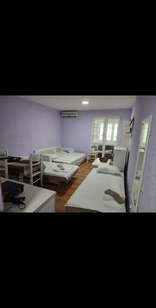 Bedroom with beds and purple walls.