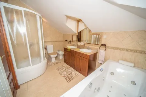 Bathroom with a shower cabin, hydromassage bathtub, and wooden vanity. - image 16