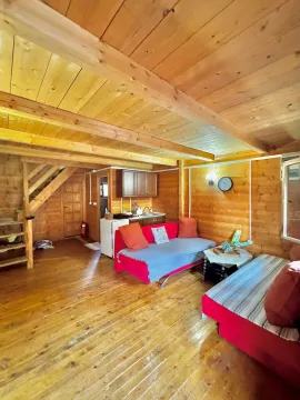 Living room with wooden paneling and a sofa. - image 14