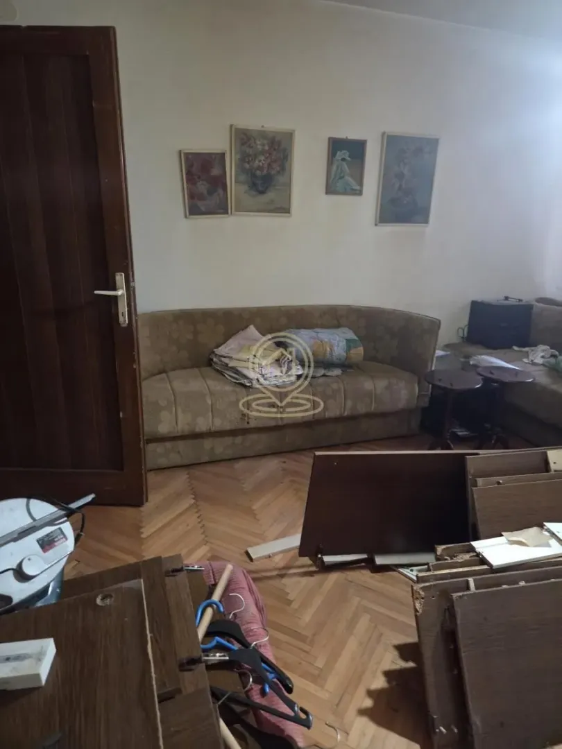 Dnevna soba sa garniturom i parketom na podu.