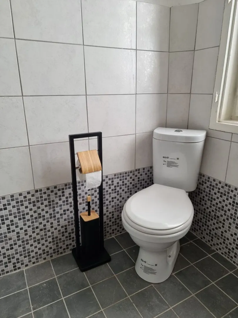 View of the bathroom with a toilet and toilet paper holder.