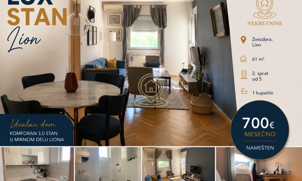 Izdavanje, trosoban stan, 61m², Lion, Zvezdara Sve Podlokacije