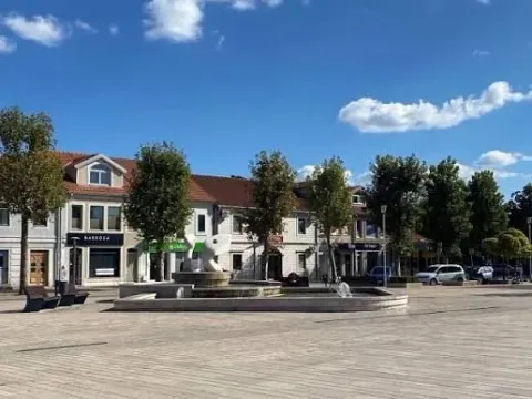 View of the city square and surrounding buildings with a fountain. - image 2