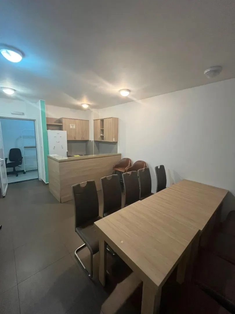 Dining area with a large table and a bar counter adjoining the kitchen.