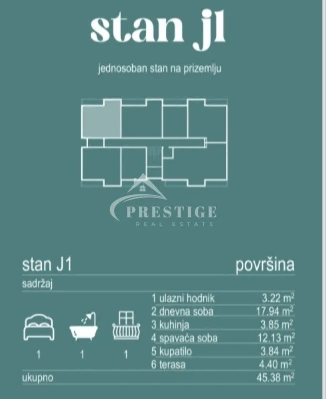 Prodaja, jednosoban stan, 45m², Zabjelo, Podgorica