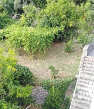 High-angle view of a green yard and garden with stone stairs. - image 23