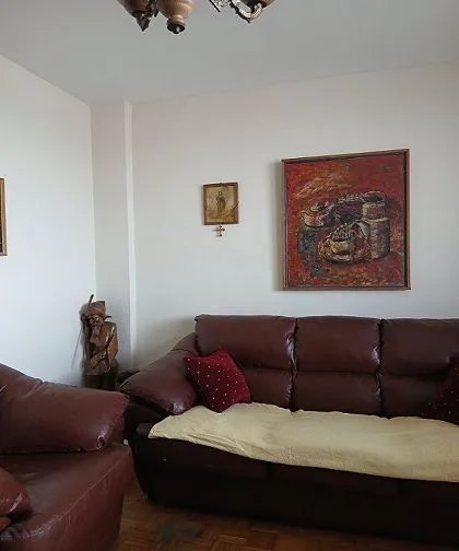 Living room with brown leather sofa sets and paintings on the wall.