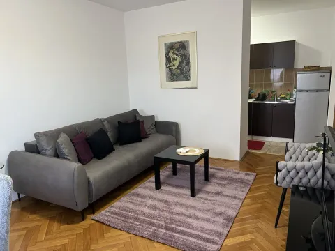 Dnevna soba sa sivom garniturom, klub stolom i kuhinjom u pozadini. - image 8