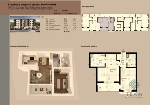 Osnova stana sa rasporedom prostorija, dimenzijama i trodimenzionalnim prikazom. - image 5