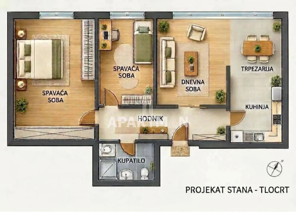 Osnova trosobnog stana sa nameštajem.