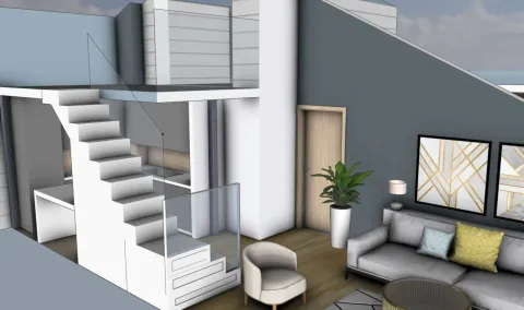 3D prikaz dnevnog boravka sa stepeništem i galerijom u modernom stilu. - image 20
