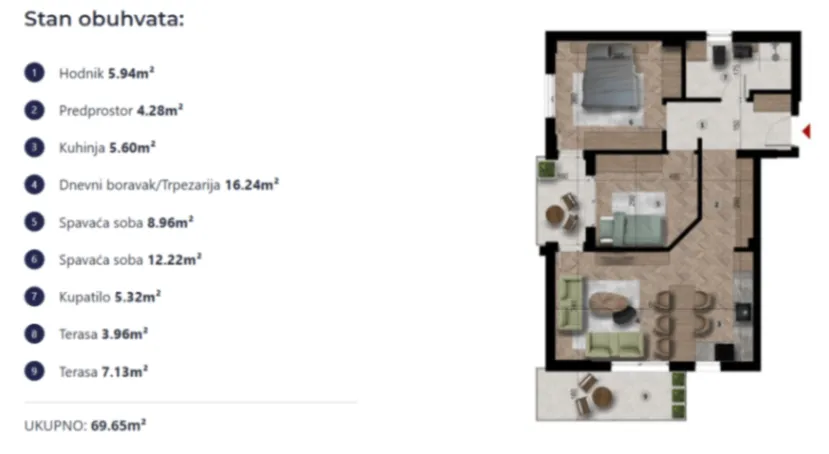 Sale, two bedroom apartment, 70m², Šušanj, Bar