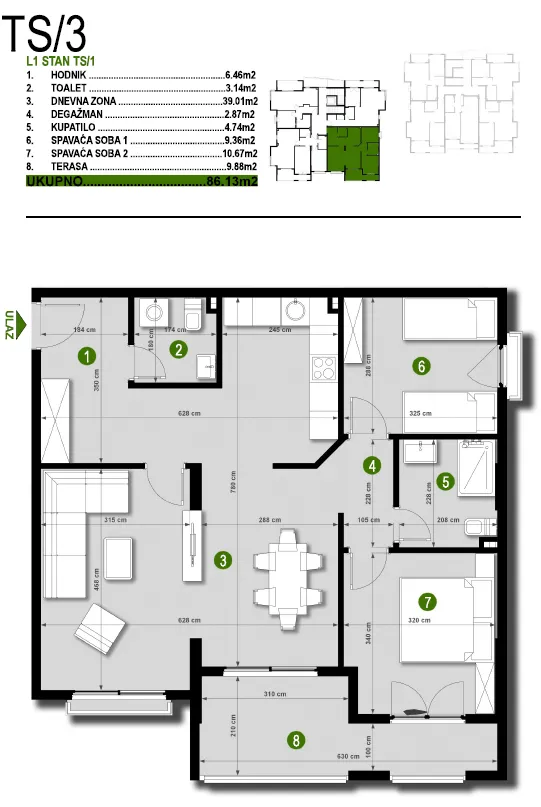 Sale, two bedroom apartment, 79m², Čeluga, Bar