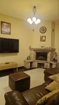 Living room with a sofa set, fireplace, and television. - image 12