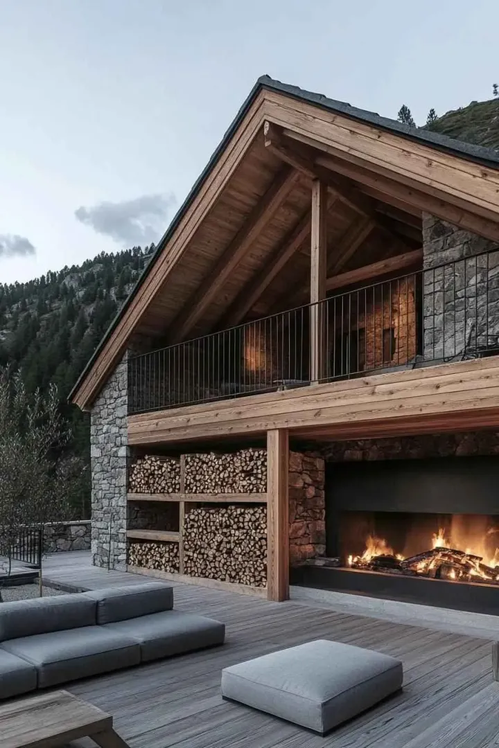 Eksterijer kuće sa drvenom terasom, kaminom na otvorenom i složenim drvima za ogrijev.