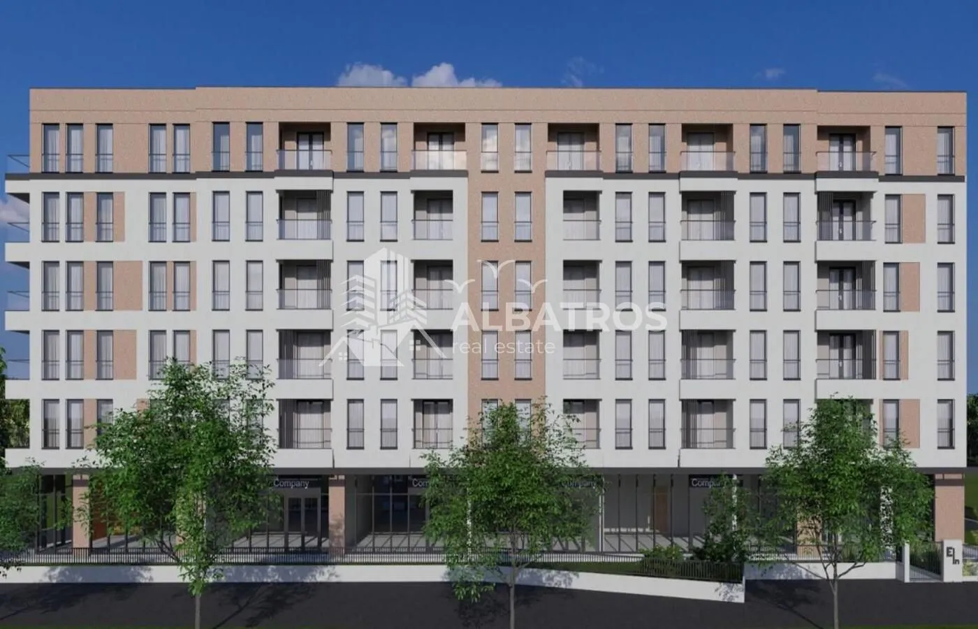 Spoljašnji izgled moderne stambene zgrade sa terasama i poslovnim prostorom u prizemlju.