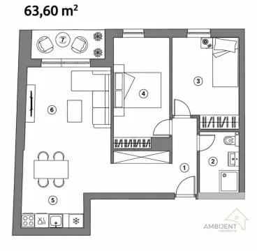 Osnova stana površine 63,60 m² sa rasporedom prostorija. - image 2