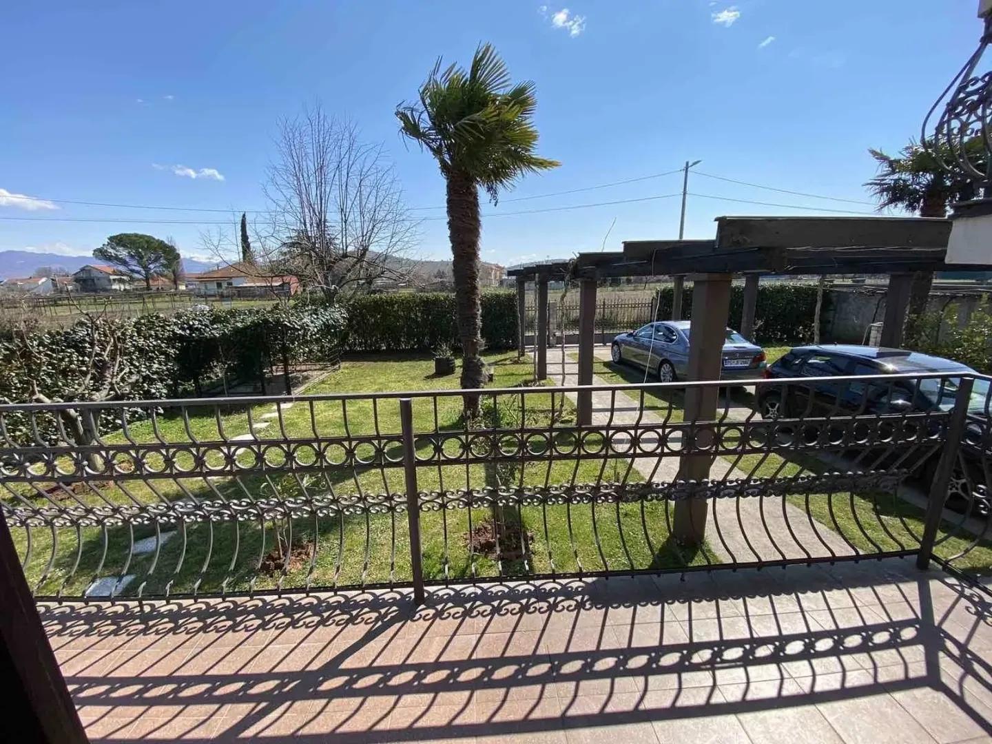 View from the terrace overlooking the yard with a palm tree and parking area.