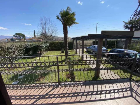 View from the terrace overlooking the yard with a palm tree and parking area. - image 4
