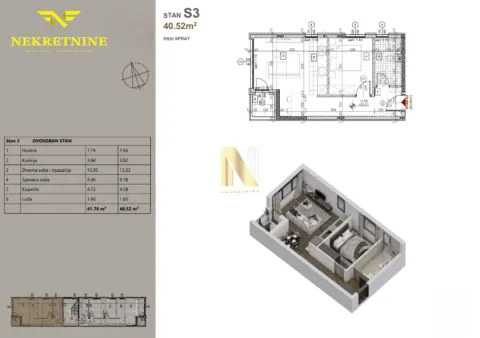 Osnova stana sa rasporedom prostorija i 3D prikazom. - image 2