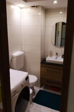 Small bathroom with a sink, toilet, and washing machine. - image 11