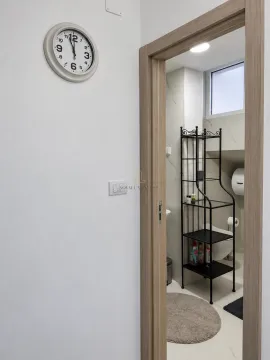 View from the hallway through an open door into the bathroom with a black shelving unit. - image 8