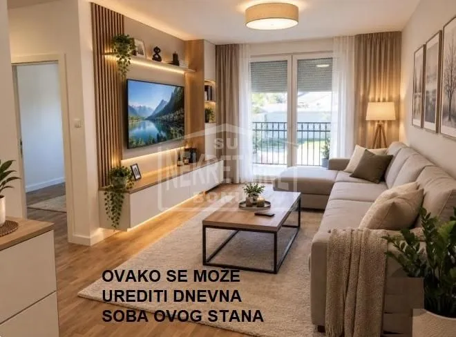 Moderna dnevna soba sa garniturom, TV-om i izlazom na terasu.