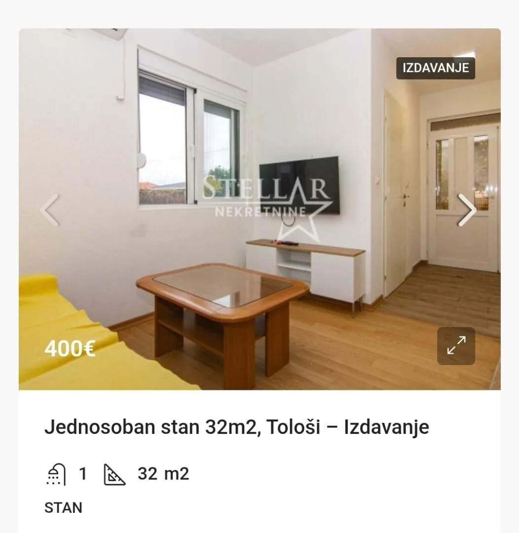 Izdavanje, stan, 32m², Tološi, Podgorica