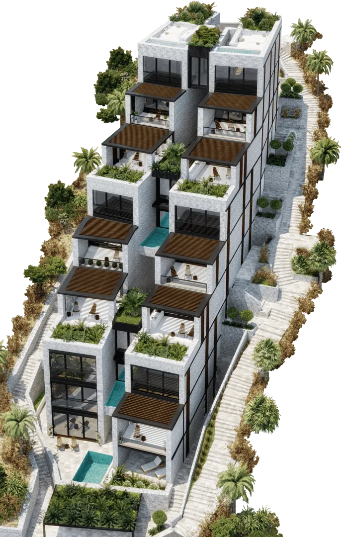 3D render moderne stambene zgrade sa kaskadnim terasama, bazenom i uređenim okruženjem.