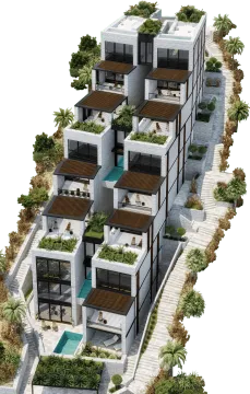 3D render moderne stambene zgrade sa kaskadnim terasama, bazenom i uređenim okruženjem. - image 16