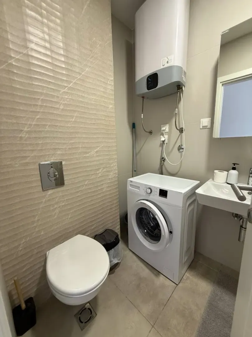 Smaller bathroom with a toilet, washbasin, washing machine, and water heater.