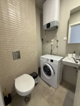 Smaller bathroom with a toilet, washbasin, washing machine, and water heater. - image 5
