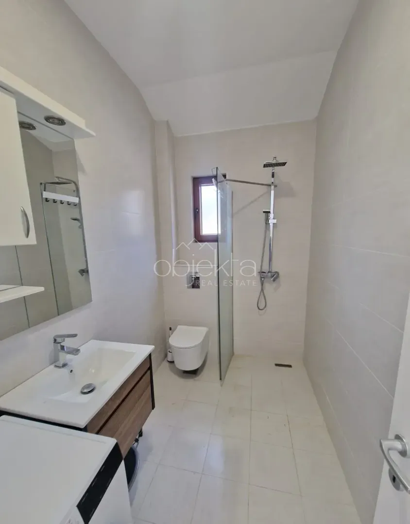 Modernly equipped bathroom with a walk-in shower, washbasin, and toilet.