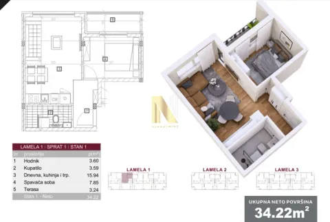 Arhitektonski plan stana sa trodimenzionalnim prikazom i tabelom površina prostorija. - image 10