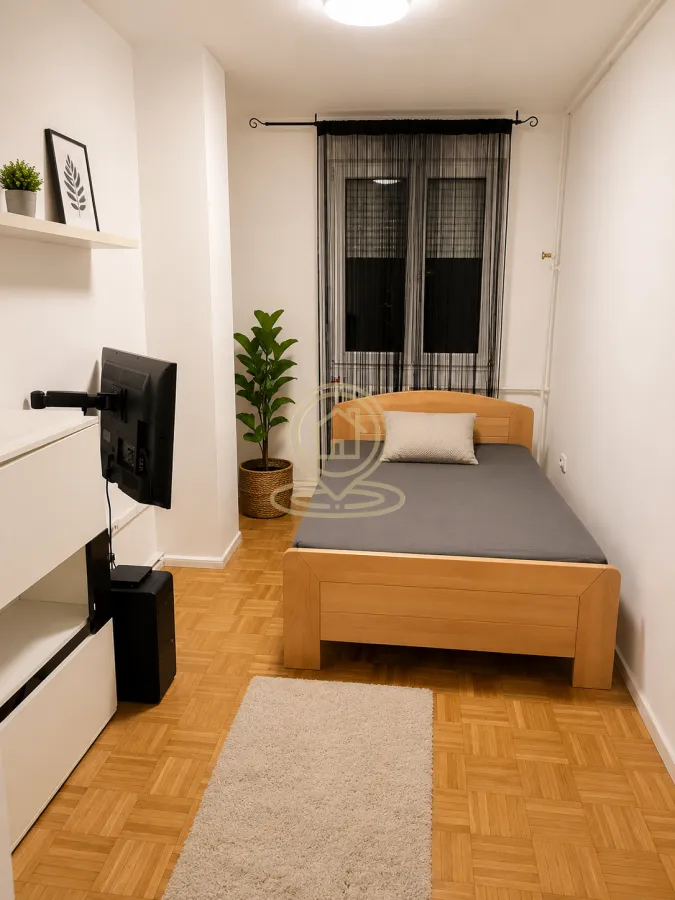 Manja spavaća soba sa drvenim krevetom, televizorom i prozorom.