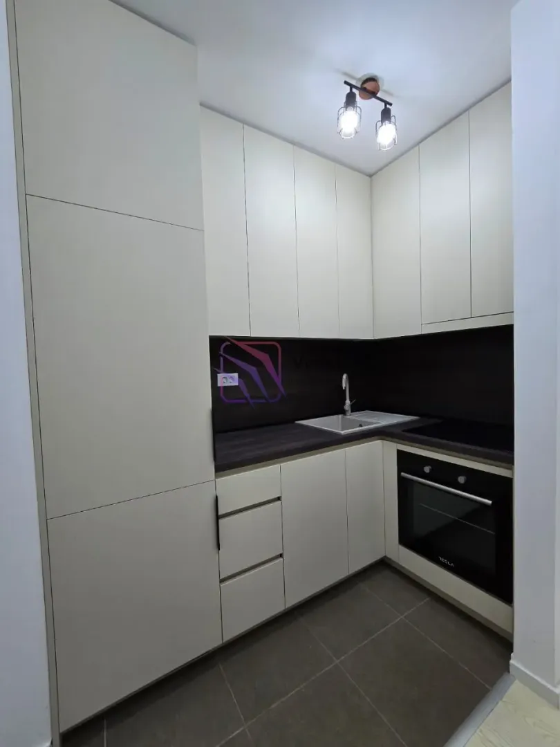 Small modern kitchen with built-in cabinetry and appliances.