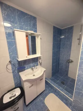 Kupatilo sa umivaonikom, ormarićem sa ogledalom i tuš kabinom obloženo plavim i bijelim pločicama. - image 11