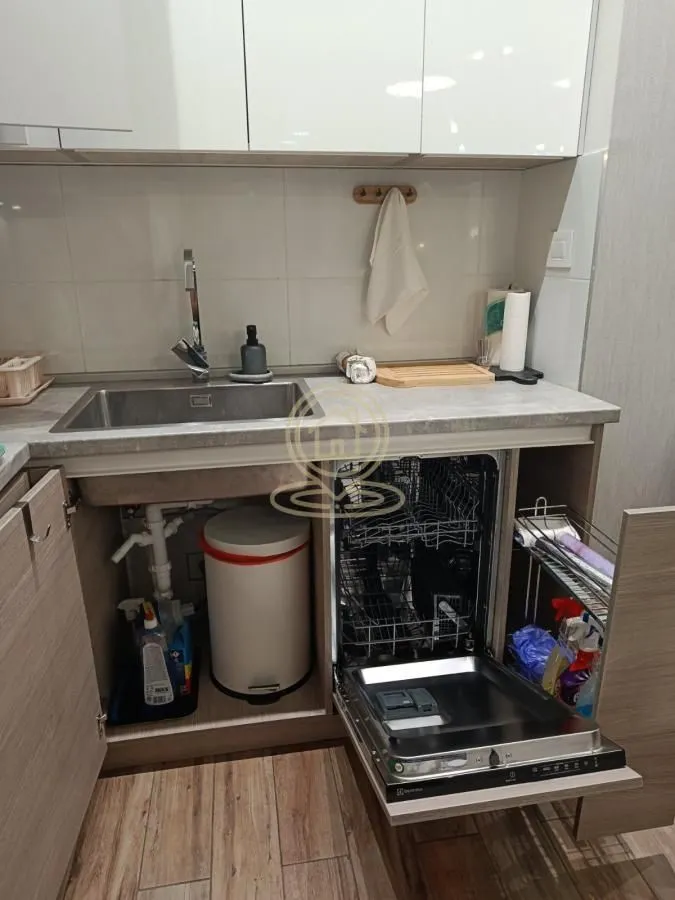 Part of the kitchen with a sink and an open dishwasher.